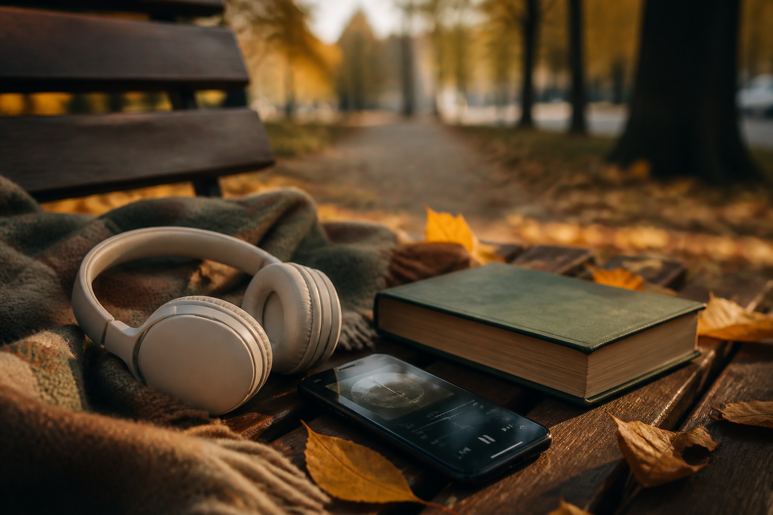 Навушники, смартфон і книжка на лавці в осінньому парку