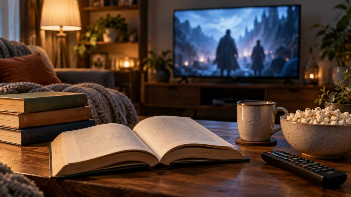 Книжки, попкорн і телевізор у затишній вітальні перед вечірнім переглядом