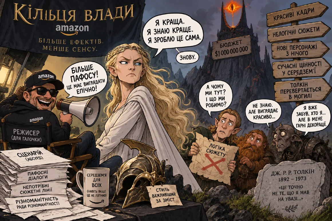 Білява ельфійська воїтелька на тлі величного міста у горах