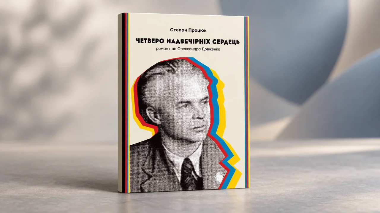 Книга та кіноплівка поруч із металевою кінобобіною на дерев’яному столі
