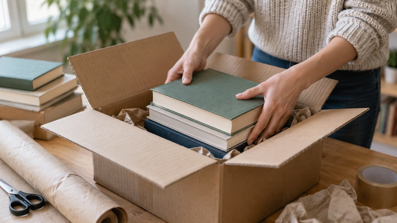 Книжки без видимих назв пакують у картонну коробку для відправлення