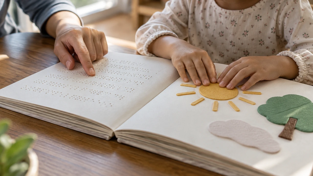 Дитина читає тактильну книжку зі шрифтом Брайля разом із дорослим