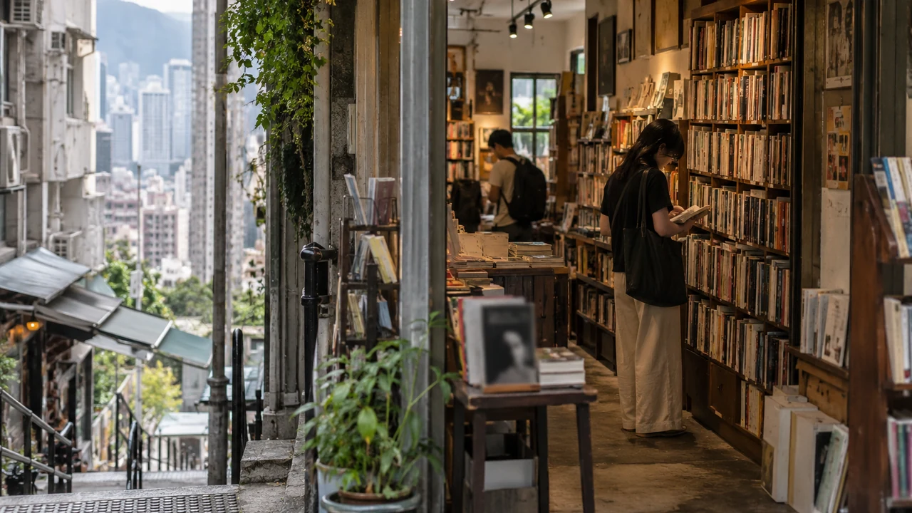 Читачка переглядає книжки у невеликій незалежній книгарні на вулиці Гонконгу