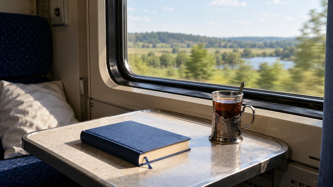Книжка і склянка чаю на столику біля вікна пасажирського поїзда