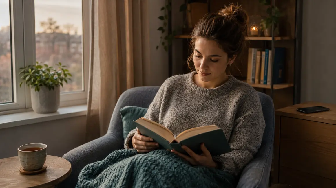 Людина читає книжку біля вікна, а телефон лежить осторонь